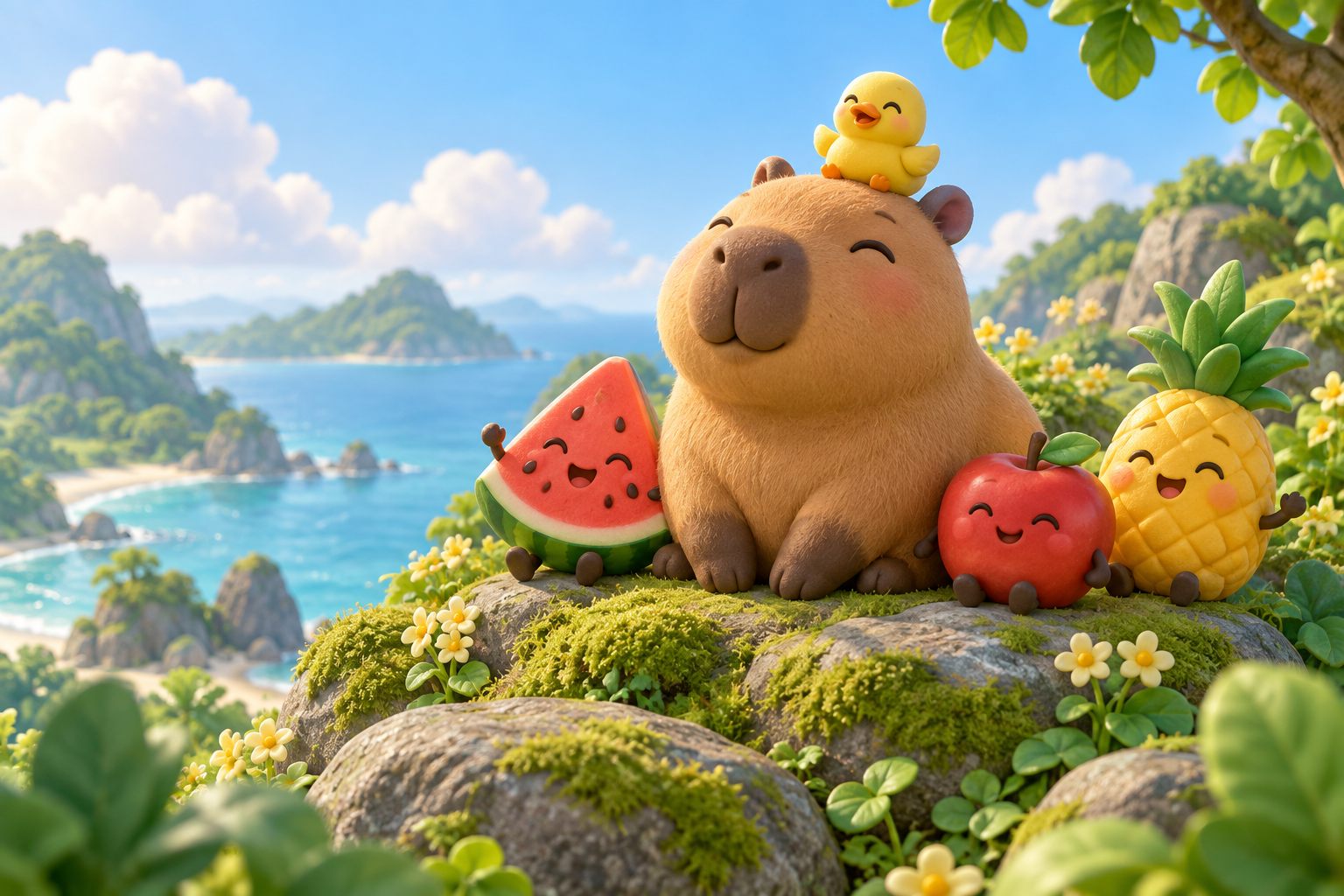A cheerful capybara, a little duck, and smiling fruit in a sunny green landscape